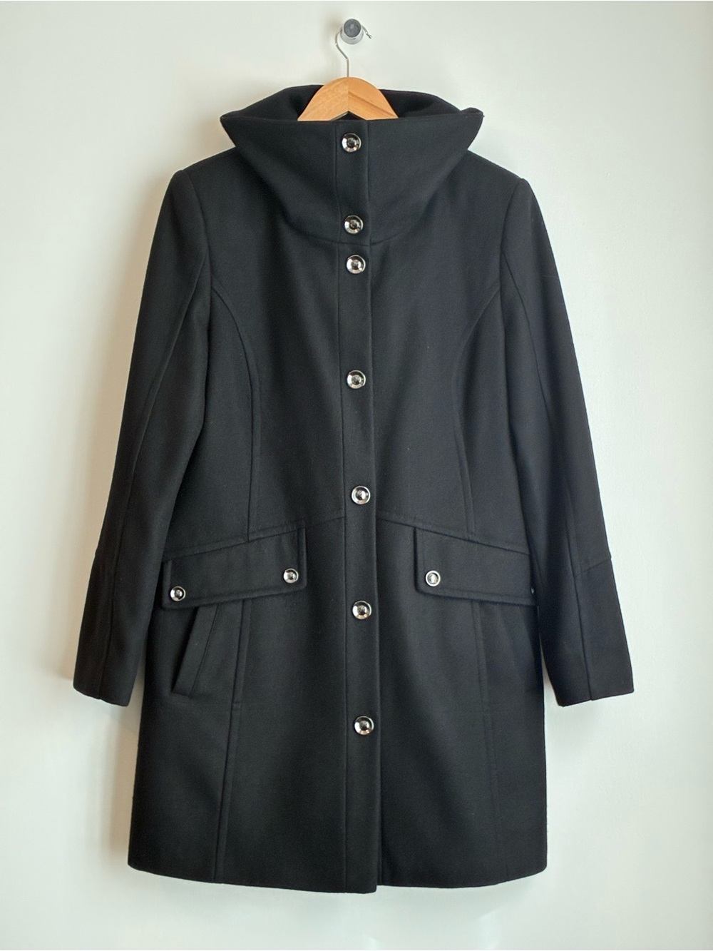 Collection M Wool Blend Black Funnel Neck Snap Button Jacket Coat Size 8